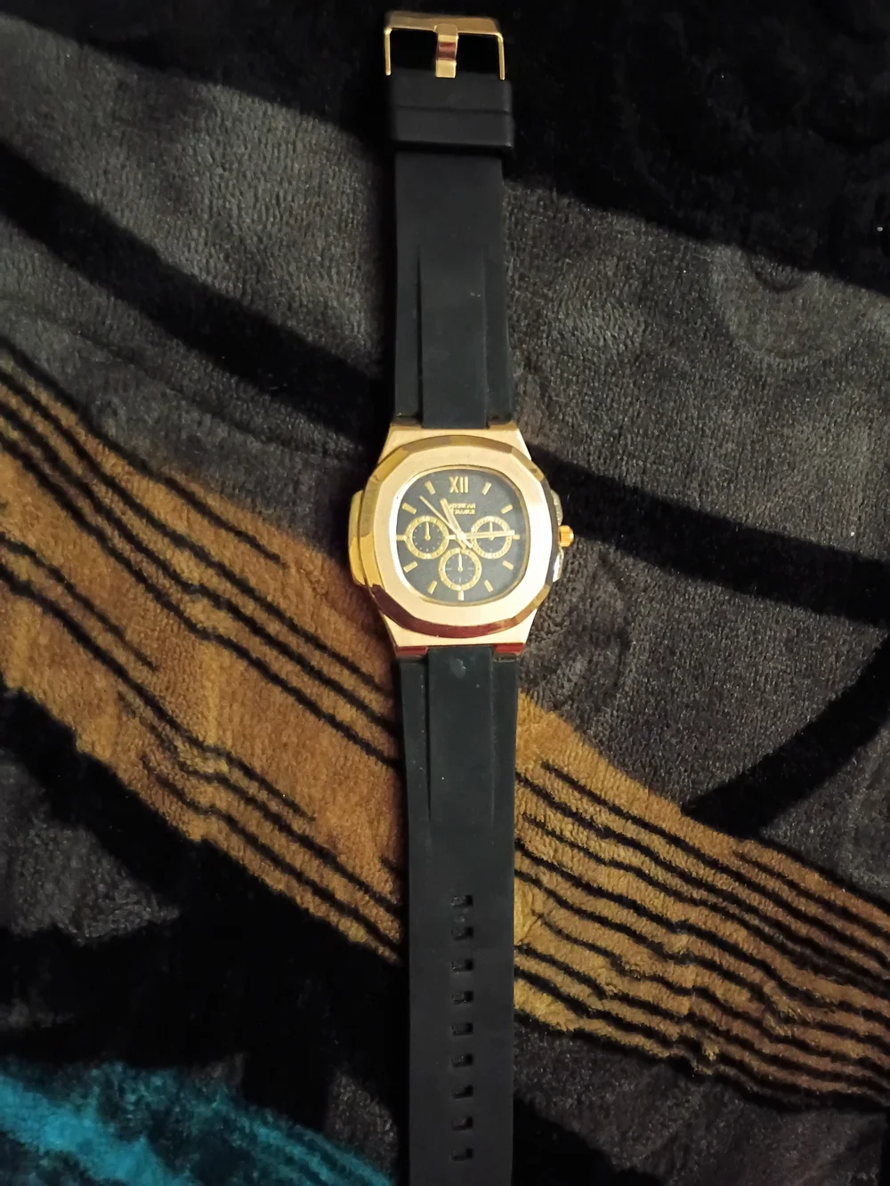 Gold-Tone Case Black Dial Sport Watch with Black Silicone Strap